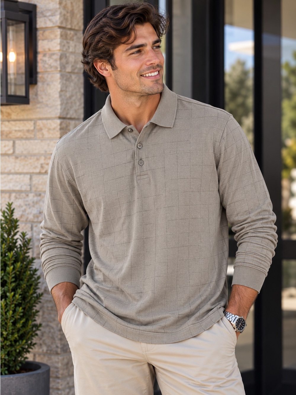 Van Heusen Textured Windowpane Grid Long Sleeve Polo Shirt Size XL